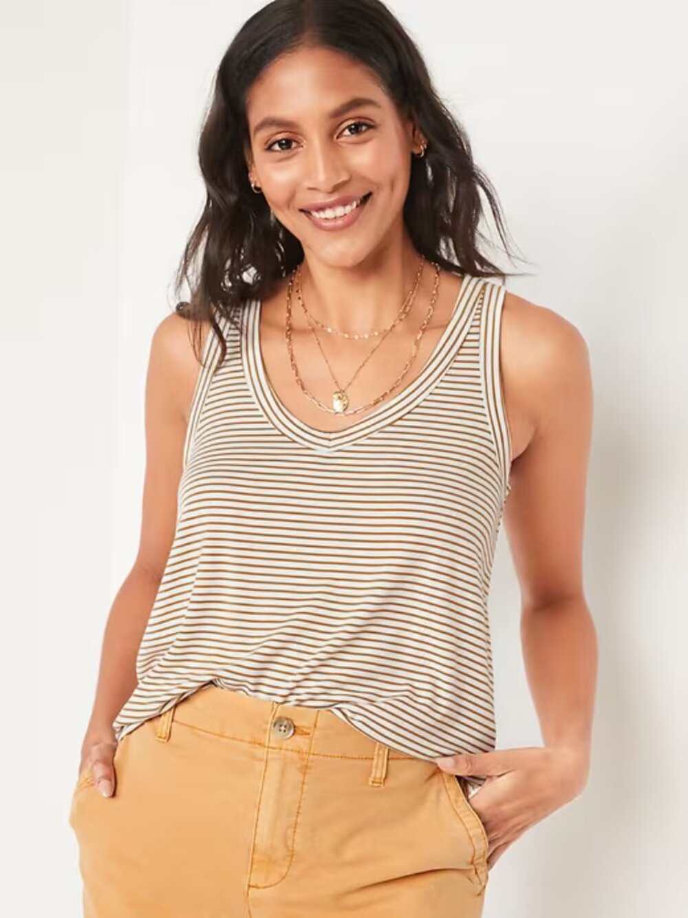 Old Navy Luxe V-Neck Striped Swing Tank Top White Mustard Stretch Small